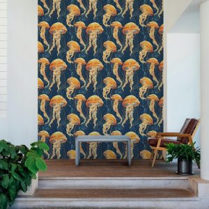 Bright Orange and Navy Jellyfish Wallpaper, Navy Beach Coastal Nautical Tropical, Peel and Stick Removable, Prepasted Traditional Sea Life