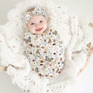 Wildflower Butterfly Baby Girl Swaddle, Minky Blanket, Tie Gown, Bow Hat, Headband, Personalized Garden Floral, Shower Gift, Tiny Blooms
