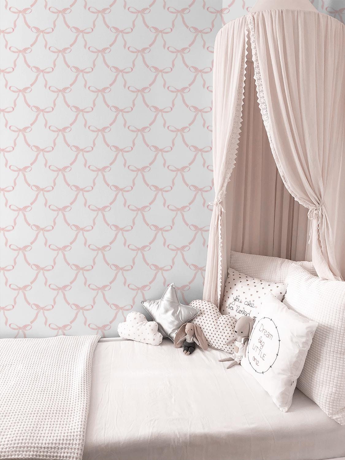 Romantic Pink Bows Wallpaper, Peel and Stick Removable, Coquette Grandmillennial Aesthetic, Modern Girly Baby Pink Bows, Cute Girl Nursery - Image 2