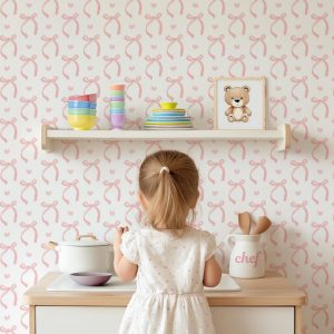 Whimsical Bows and Hearts Wallpaper, Grandmillennial Coquette Aesthetic, Peel Stick Removable or Unpasted Traditional Option, Chic Girly