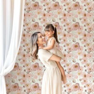 Pink and Gold Floral Wallpaper, Peel and Stick Removable, Unpasted Traditional Option, Line Art Floral, Wallpaper Floral DIY Project