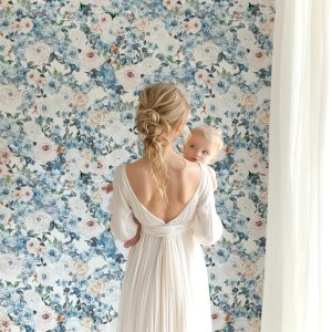 Blue Garden Floral Wallpaper, Peel Stick Removable, Unpasted Traditional Option, Romantic Vintage Small Print Classic Girls Nursery Playroom