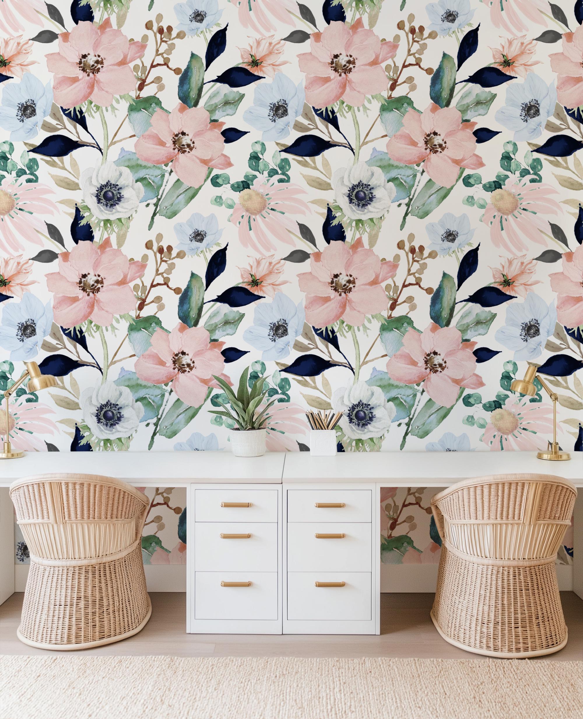 Pink Navy Green Floral Wallpaper, Coastal Floral Peel and Stick Removable, Large Print Wall Art Mural, Girly Flowers - Image 3