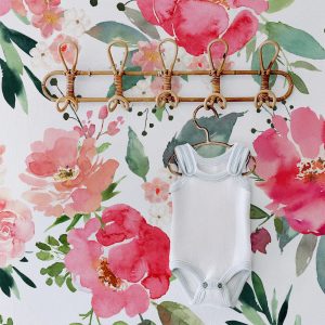 Magenta Bright Floral Wallpaper, Hot Pink Green Rose Peel and Stick Removable, Baby Girl Nursery Decor, Large Print Mural Traditional Pasted