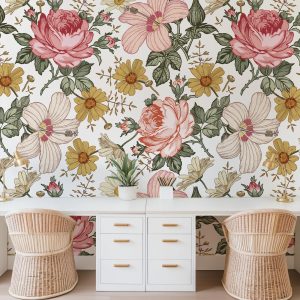 Vintage Flowers Wallpaper, Retro Style Roses Hibiscus, Peel and Stick Removable, Traditional or Pre-Pasted, Boho Floral, Birdie Collection