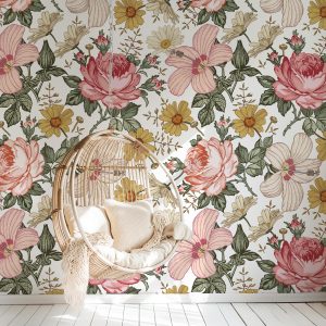 Vintage Flowers Wallpaper, Retro Style Roses Hibiscus, Peel and Stick Removable, Traditional or Pre-Pasted, Boho Floral, Birdie Collection