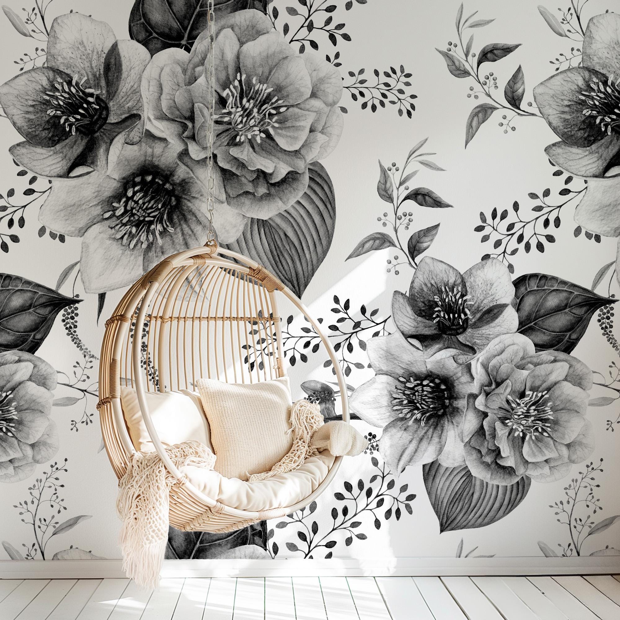 Vintage Black White Floral Wallpaper, Peel Stick Removable, Unpasted Traditional Girl Nursery Decor, Peony High Contrast Boho Feature Wall - Image 5