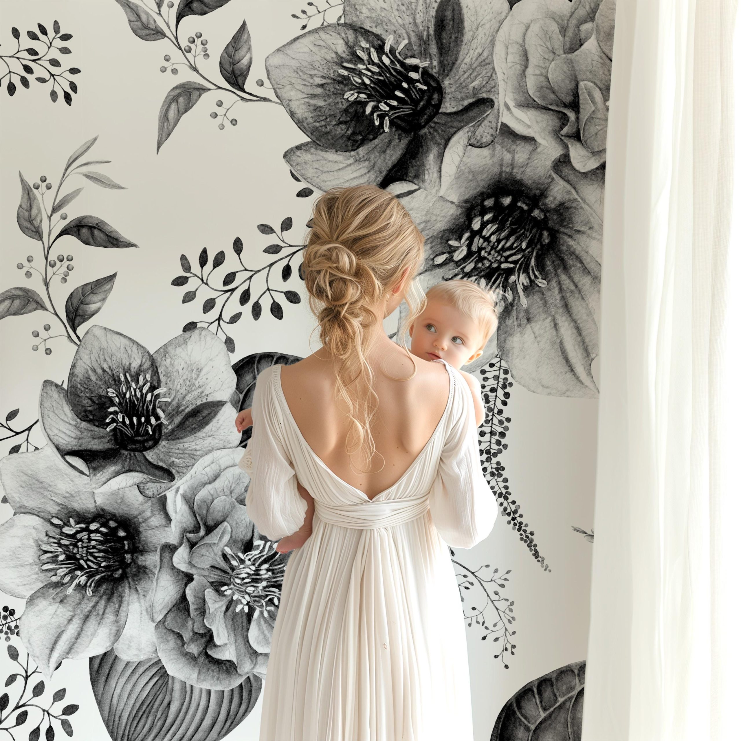 Vintage Black White Floral Wallpaper, Peel Stick Removable, Unpasted Traditional Girl Nursery Decor, Peony High Contrast Boho Feature Wall