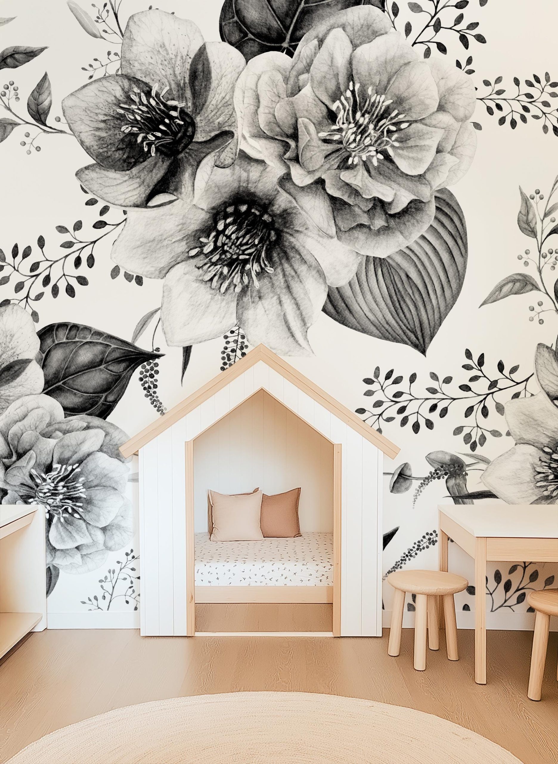 Vintage Black White Floral Wallpaper, Peel Stick Removable, Unpasted Traditional Girl Nursery Decor, Peony High Contrast Boho Feature Wall - Image 3