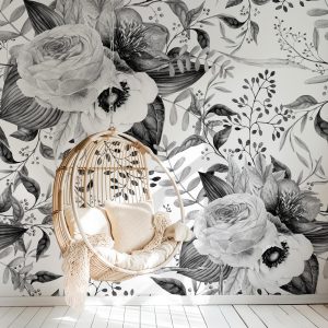 Vintage Black White Floral Wallpaper, Peel Stick Removable, Prepasted Unpasted Traditional, Baby Girl Nursery Decor, High Contrast Line Art