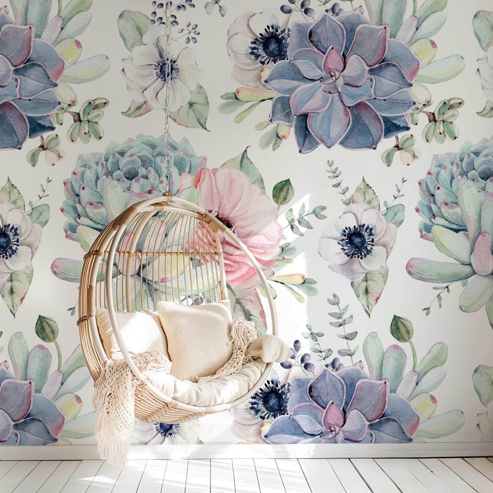 Succulent Cactus Floral Wallpaper, Peel Stick Removable Temporary, Prepasted Unpasted Traditional Girl Nursery Decor Pink Purple Green Mural - Image 5