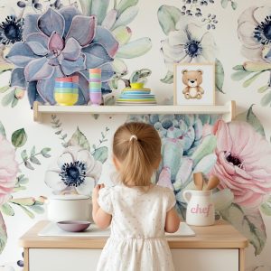 Succulent Cactus Floral Wallpaper, Peel Stick Removable Temporary, Prepasted Unpasted Traditional Girl Nursery Decor Pink Purple Green Mural