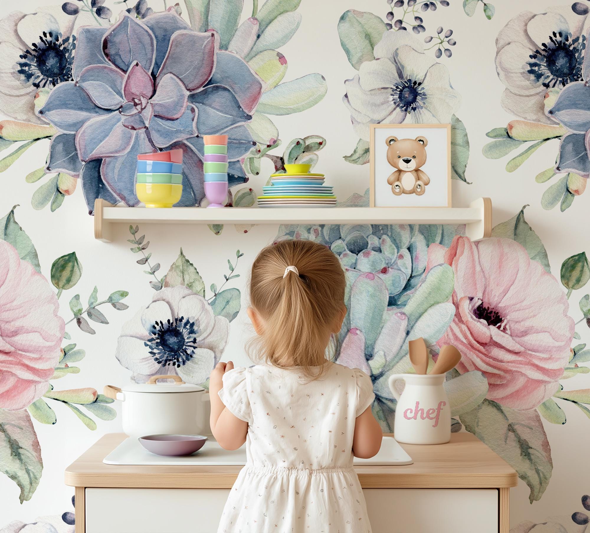 Succulent Cactus Floral Wallpaper, Peel Stick Removable Temporary, Prepasted Unpasted Traditional Girl Nursery Decor Pink Purple Green Mural