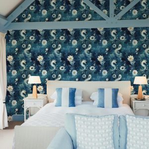 Ocean Seahorse Floral Wallpaper, Beach Coastal Nautical, Watercolor Blue, Peel and Stick Removable, Prepasted Traditional, Custom Sizes