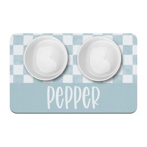 Light Blue Check Personalized Pet Placemat, Watercolor Gingham, Custom Name Dog Cat Bowl Mat, New Puppy Supplies, Floor Mat for Pet Food