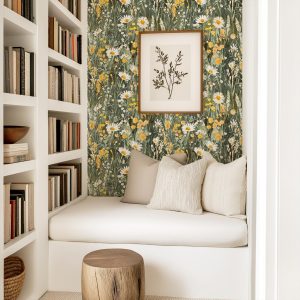 Small Sage Green Yellow Wildflower Garden Botanical Floral Wallpaper, Peel and Stick Removable, Unpasted Traditional Option, Girl Teenager