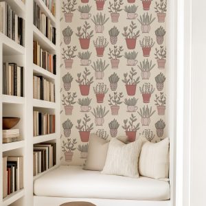 Potted Succulent Wallpaper, Peel Stick Removable Baby Girl Nursery Decor, Desert Vintage Watercolor Green Plant Cacti Wall Art