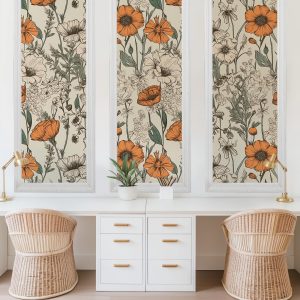 Orange Wildflower Wall Art, Garden Botanical Floral Wallpaper, Peel Stick, Traditional Option, Vintage Retro Line Art Flowers Copper
