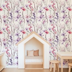 Purple Pink Wildflower Wallpaper, Peel Stick Removable, Baby Girl Toddler Room, Vintage Boho Chic Dainty, Lavender Floral Bedroom