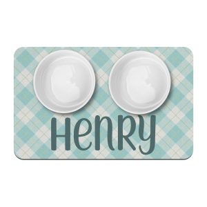 Blue Plaid Pet Food Placemat, Pastel Blue Plaid, Personalized Pet Mat, Easter Colors, Pet Supplies, Water Bowl Mat, Gingham Easter