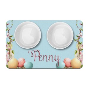 Easter Eggs and Cherry Blossoms Pet Food Placemat, Pastel Colors, Personalized Pet Mat, Pet Supplies, Water Bowl Mat, Pretty Easter Pet Mat