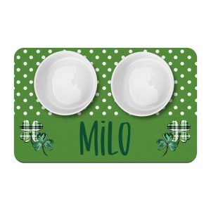 St Patricks Day Pet Placemat, Polka Dot Pet Mat With Cute Shamrocks, Personalized With Pet Name, Custom Dog or Cat Bowl Mat, Puppy Supplies
