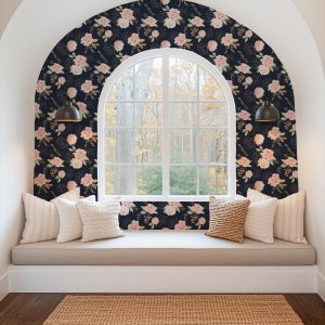 Navy and Pink Floral Rose Wallpaper, Peel and Stick Removable, Traditional, Prepasted, Small Scale, Entryway, Nursery, Bedroom, Wall Decor