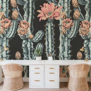 Moody Cholla Wallpaper, Peel and Stick Removable, Dark Colors Boho Large Scale Cacti Bloom, Living Room Bedroom Desert Jumping Cactus Flower