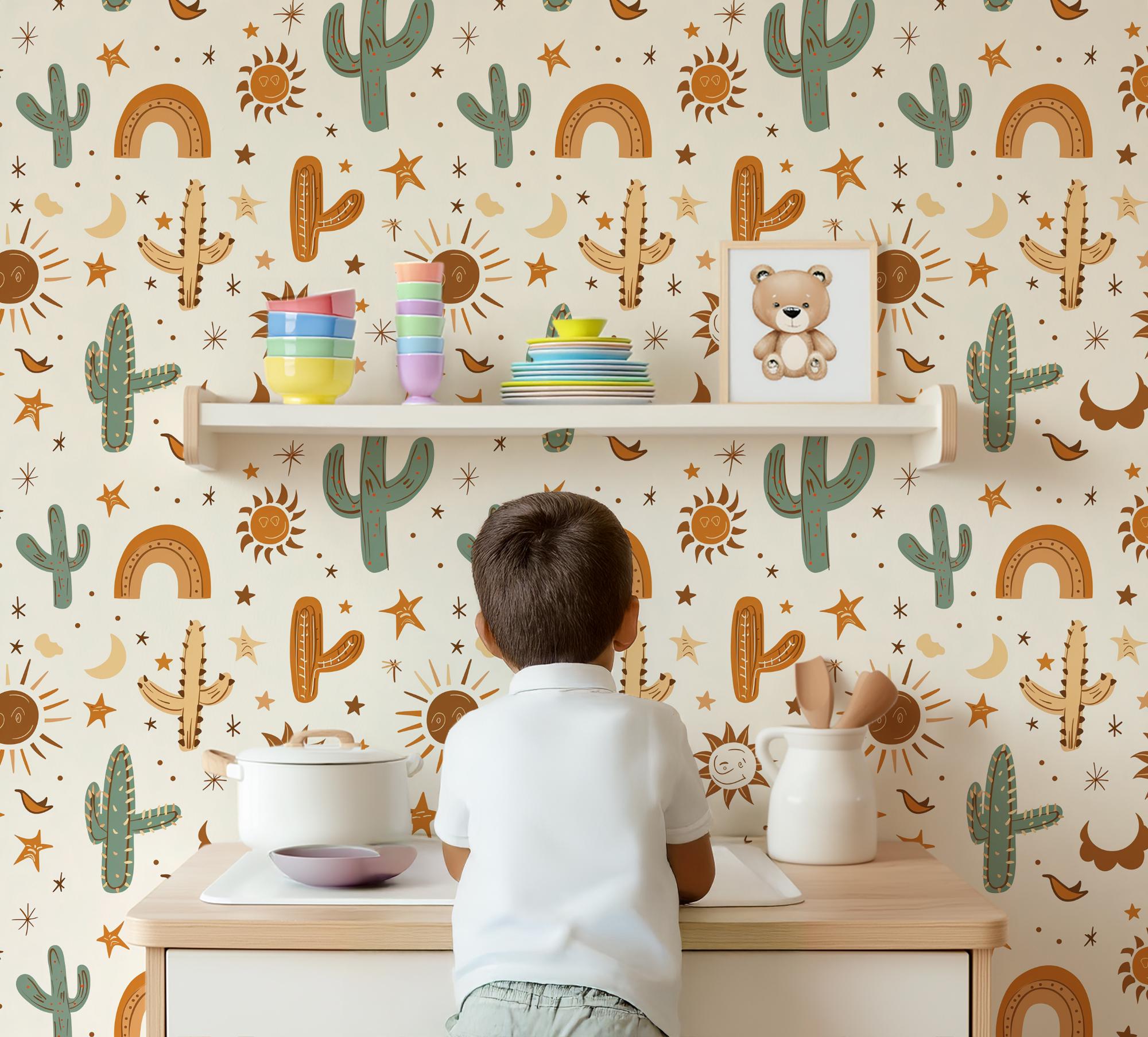 Boho Desert Cactus Wallpaper, Peel and Stick Removable, Cacti with Sun Stars Rainbow, Kid's Bedroom Playroom Desert Cactus Wall Art Accent