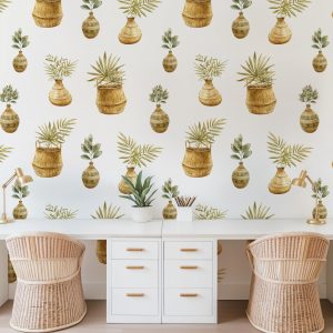 Potted Plants Wallpaper, Peel Stick Removable Baby Girl Nursery Decor, Plant Lover Vintage Watercolor Neutral Green Wall Art, Plants Basket