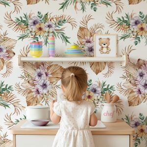 Hawaiian Neutral Tropical Floral Wallpaper, Peel Stick Removable, Baby Girl Nursery Decor, Large Print Hibiscus Mural Jungle Hawaii