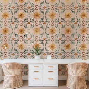 Celestial Sun Planets Moon Pattern Wallpaper, Peel Stick Removable, Spiritual Leafy Neutral Trendy Boho Sun Pattern