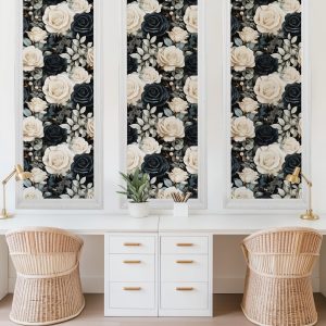 Black and White Rose Floral Wallpaper, Large Scale Peel and Stick Removable Mural, Unpasted Pre-pasted or Traditional, Rose Wall Art