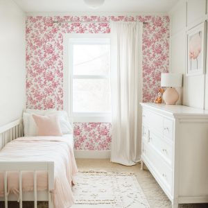 Pink Coquette Toile Wallpaper, Peel and Stick Removable, Vintage Grandmillennial Chic, Dainty Flower Baroque Vines, Elegant Pink Toile