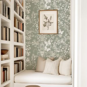 Delicate Flower Vine with Butterflies Wallpaper, Sage Green Vintage Toile, Pressed Floral Garden, Wildflower Coquette Grandmillennial Chic