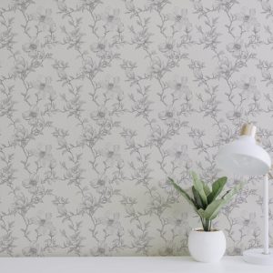 Flower Vine Wallpaper, Grey Vintage Toile, Pressed Floral Garden, Wildflower Coquette Grandmillennial Chic, Delicate Neutral Baroque Vines