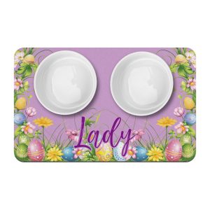 Easter Eggs and Flowers Pet Food Placemat, Pastel Colors, Personalized Pet Mat, Pet Supplies, Water Bowl Mat, Pretty Easter Pet Mat