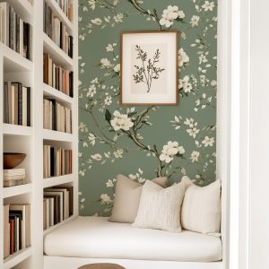 Chinoiserie Tree Bloom Wallpaper, Tree Vine Flowers Wallpaper, Sage Green White Floral, Peel Stick Removable, Elegant Grandmillenial Vintage