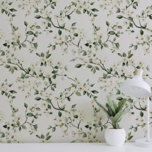 Tree Bloom Wallpaper, Tree Vine Flowers Botanical, Green White Floral, Peel Stick Removable, Elegant Grandmillenial Vintage Chinoiserie