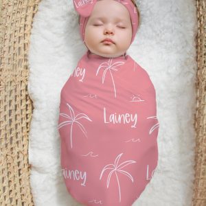 Tropical Palm Tree Swaddle Blanket Headband Hat Set / Personalized Baby Shower Gift / Hospital Newborn Photos Prop / Palm Collection