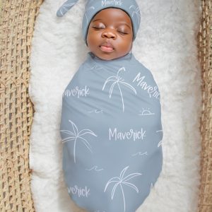 Tropical Palm Tree Swaddle Blanket Hat Set, Personalized Baby Shower Gift, Hospital Newborn Photos Prop, Palmtree Beach Ocean Nautical