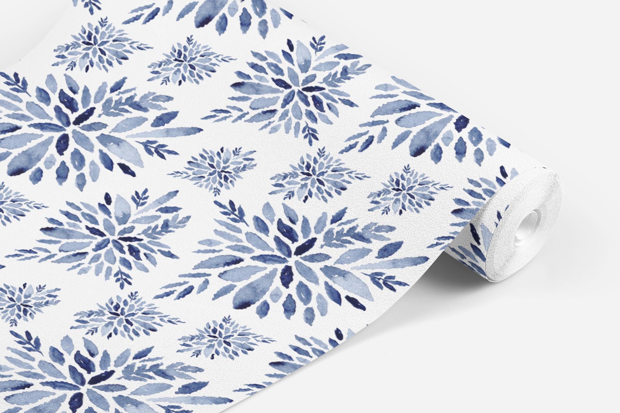 Watercolor Blue Floral Wallpaper, Navy Blue Stamp Look, Peel and Stick Removable, Prepasted Traditional, Bathroom, Bedroom, Kitchen Update - Image 6
