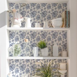 Watercolor Blue Floral Wallpaper, Navy Blue Stamp Look, Small Scale Peel and Stick Removable, Prepasted Traditional, Bathroom, Kitchen