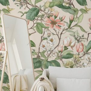 Romantic French Botanical Wallpaper Mural for Nursery or Bedroom, Removable Chinoiserie Tree Floral Wall Art, Neutral Vintage Peony Design