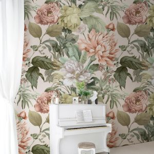 Large Print Peony Botanical Wallpaper, Romantic Tree Vine Flowers, Muted Colors, Peel Stick Removable, Elegant Grandmillenial Chinoiserie