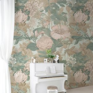 Muted Green Pink Vintage Botanical Wallpaper, Romantic Large Scale Flowers, Muted Colors, Peel Stick Removable, Elegant French Vintage