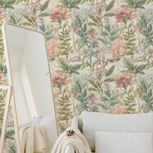 French Vintage Bloom Wallpaper, Tree Vine Flowers Botanical, Pastel Colors, Peel Stick Removable, Elegant Forest Jungle Plants Trees Mural