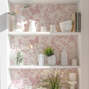 Delicate Flower Vine with Butterflies Wallpaper, Mauve Pink Vintage Toile, Pressed Floral Garden, Wildflower Coquette Grandmillennial Chic