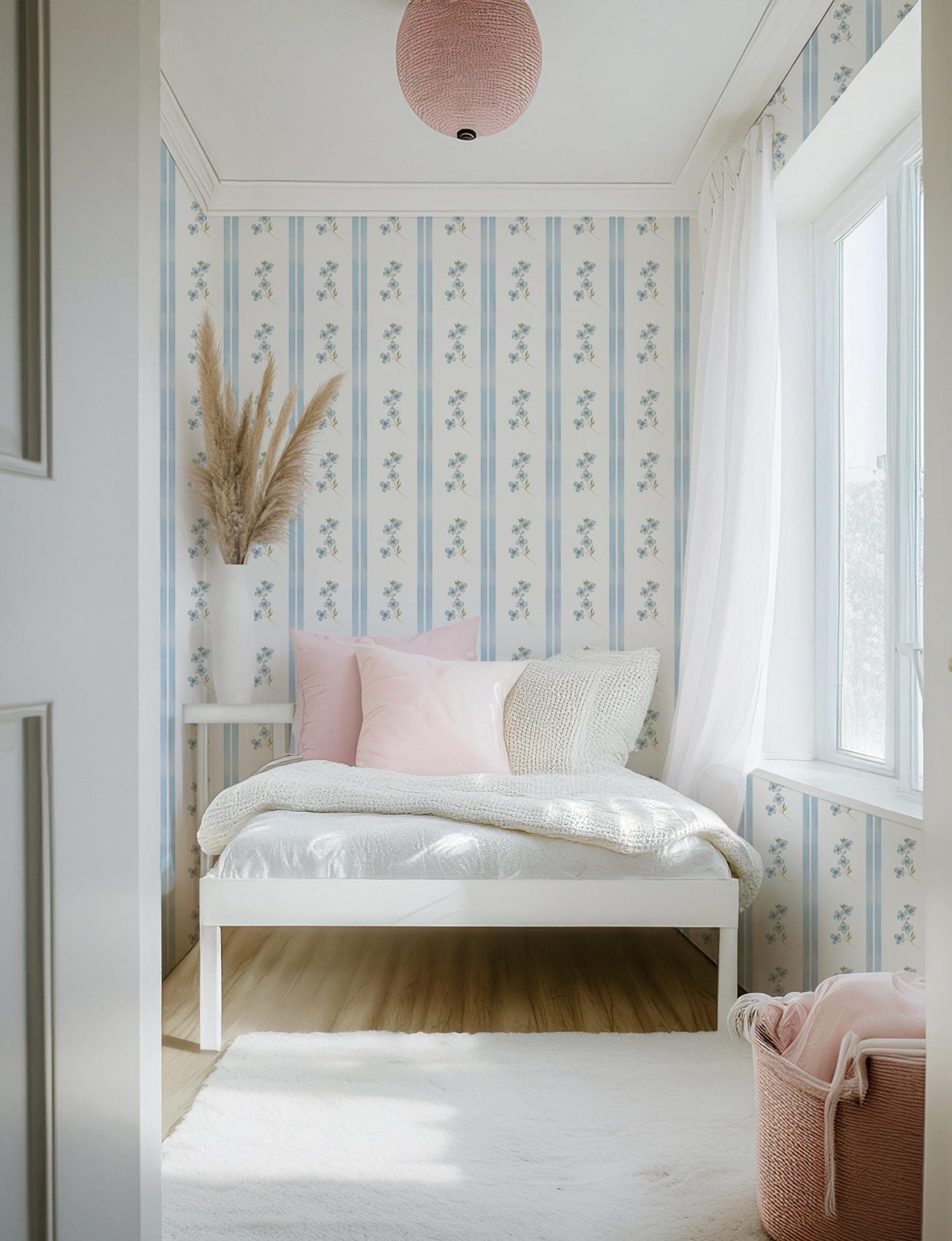 Baby Blue Vintage Floral Stripe Wallpaper, Peel and Stick Removable, Coquette Grandmillennial Chic, Flower Elegant Classic Blue Toile - Image 6