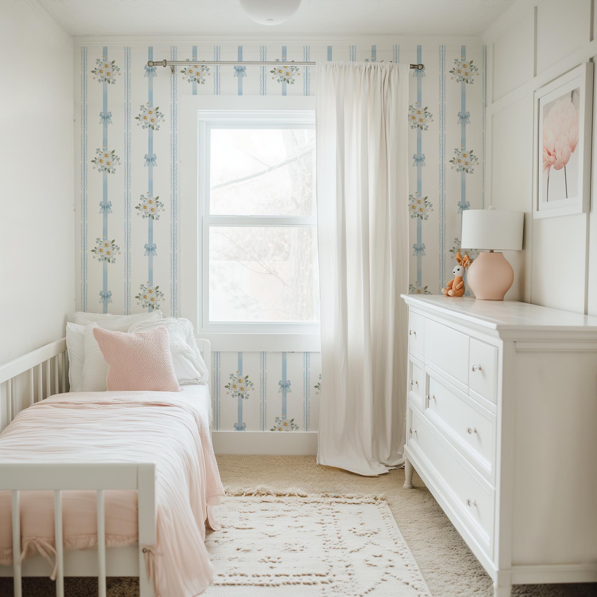 Baby Blue Vintage Floral Bows Stripe Wallpaper, Peel and Stick Removable, Coquette Grandmillennial Chic, Flower Elegant Classic Blue Toile - Image 3